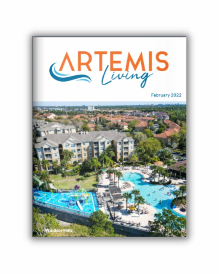 Cover of Artemis Living magazine, February 2022 edition, featuring Windsor Hills community with resort-style pool and waterpark in Florida